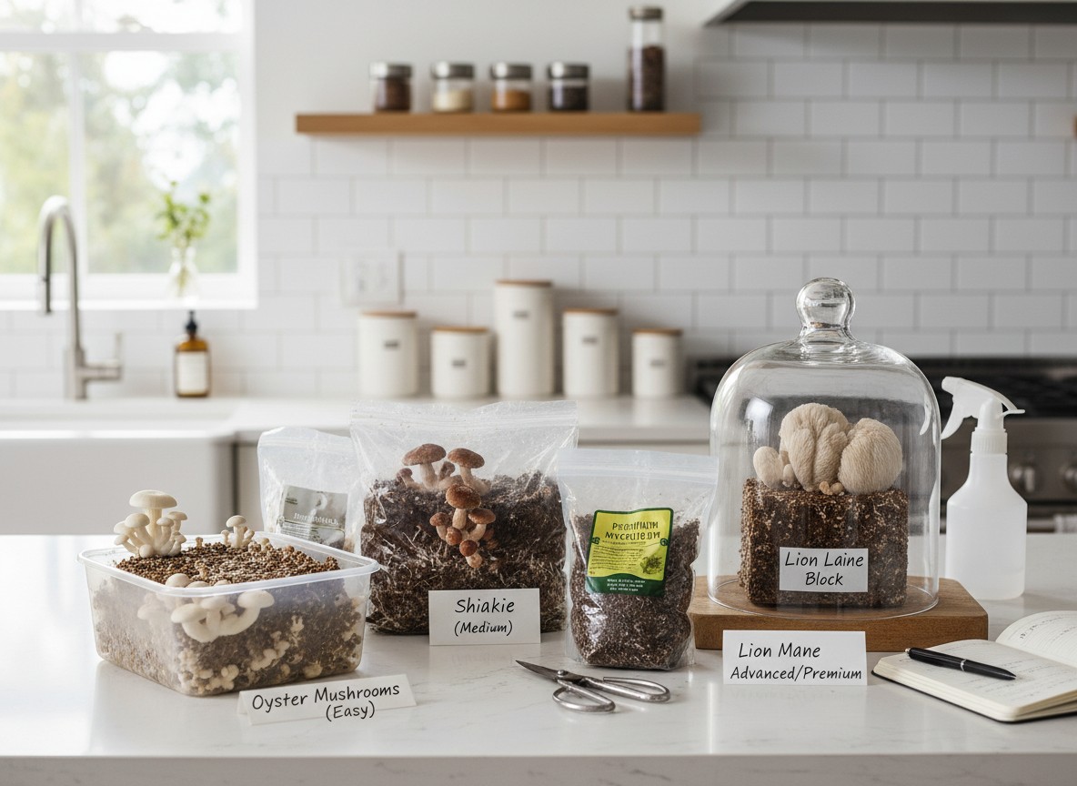 キッチンで始めるキノコ栽培キット：品種ごとの難易度と高級菌床の選び方